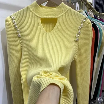 Cordão De Pérolas Cortar Designer Tops Outono Inverno Camisola De Malha Mulheres Sólida De Base Blusas Slim Fit Camiseta Puxar Femme
