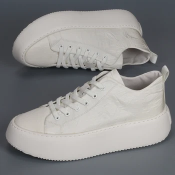 Branca de moda sapatos com sola grossa cabeça redonda pequena e sapatos brancos, casual cor sólida respirável aumento confortável corresponder