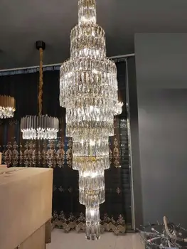O novo luxo k9 lustre de cristal longa escadaria lâmpada duplex sala de estar, hall de entrada decoração lustre luzes LED
